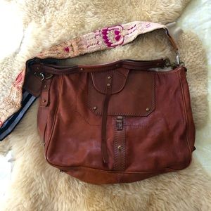 Boho cross body leather bag with embroidered strap